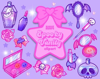 May include: A pink star with the text "Kawaii Kreeeps Spooky Vanity clipart" on it.  Surrounding the star are various pink and purple themed makeup items, including a skull-shaped perfume bottle, a lipstick, a compact mirror, and a makeup palette.