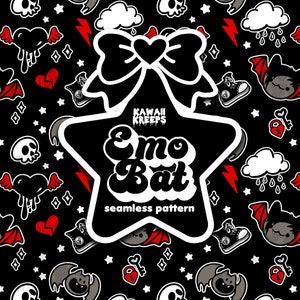 May include: Black and white seamless pattern featuring a cute cartoon bat with red wings and the text "Emo Bat" in a star-shaped frame. The pattern also includes hearts, skulls, clouds, stars, and keys.