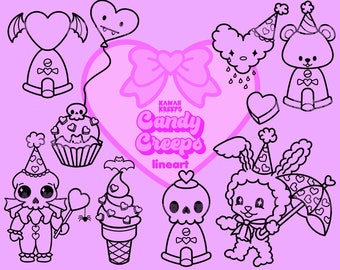 Pastel Goth Valentine Clipart: Kawaii Clown Line Art (Digital Download)