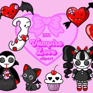 Pastel Goth Valentine's Day Vampire Clipart Valoween Emo Horror Halloween Tattoo Flash Spooky Kawaii Chibi Alt Aesthetic Anti-Valentines Day