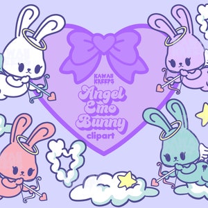 Emo Angel Bunny Pastel Goth Clipart PNG Files Digital Download Stickers Kawaii Cupid Valentines Day Alt Aesthetic Soft Grunge