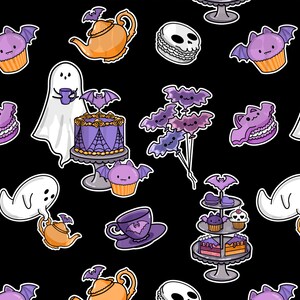 May include: A seamless pattern featuring a Halloween tea party with ghosts, bats, cupcakes, and cakes. The pattern is on a black background and features purple, orange, and white colours.