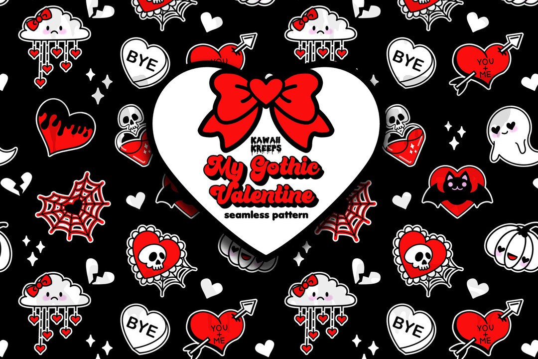 Pastel Goth Valentine’s Day Digital Seamless Pattern Emo Kawaii Alt