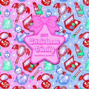 May include: A pink and blue seamless pattern featuring a variety of Christmas-themed makeup and beauty items, including a star-shaped sticker with the text "Kawaii Kreeps Christmas Vanity seamless pattern".