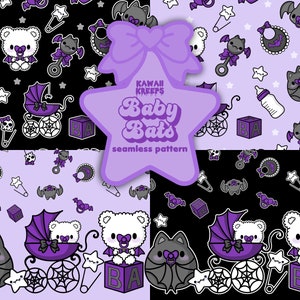 Baby Bat Nursery Digital Seamless Pattern Pastel Goth Baby Shower Gothic Gender Neutral Purple Black Alt Kawaii Baby Carriage Teddy Bear