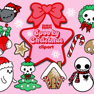 Pastel Goth Emo Christmas Digital Clipart / Digital Sticker Download Commercial License Doodles Skull Gingerbread Bat Emo Snowman Ghost