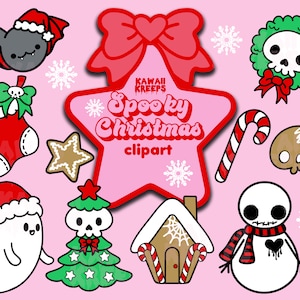 May include: A set of spooky Christmas clipart featuring a ghost, a skull-topped Christmas tree, a gingerbread house, a snowman, a bat, a stocking, a candy cane, a wreath, and a star. The clipart is in a kawaii style and is perfect for adding a spooky touch to your holiday projects.