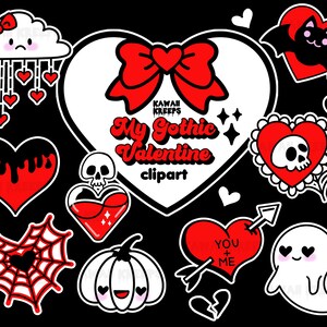 May include: A set of 10 digital clipart images featuring a gothic Valentine's Day theme. The images include hearts, a spiderweb, a ghost, a pumpkin, a skull, a bow, a cloud, and a bat. The text "My Gothic Valentine clipart" is included in the image.