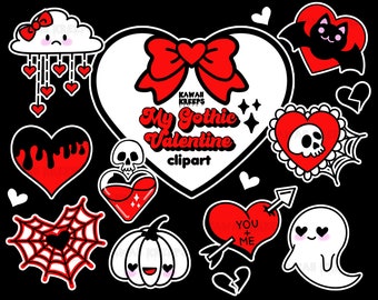 Pastel Goth Valentine's Day Clipart / Digital Stickers With Commercial License Emo Kawaii Alt Aesthetic Valoween Gothic Red Black