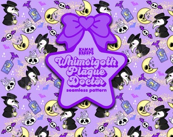 Pastel Goth Plague Doctor Seamless Pattern: Kawaii Witchy Digital Paper (PNG)