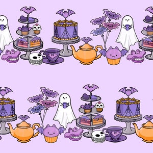 May include: A purple and orange Halloween themed tea party with a ghost, bats, cupcakes, cakes, and teapots.