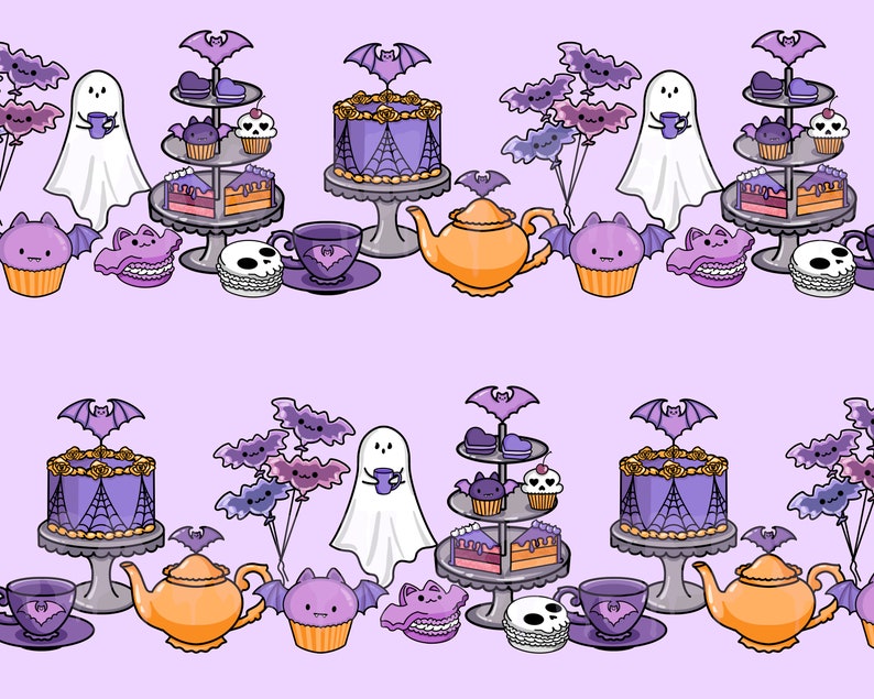 May include: A purple and orange Halloween themed tea party with a ghost, bats, cupcakes, cakes, and teapots.