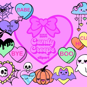 May include: A set of 12 digital clipart images featuring cute, colorful hearts with various Halloween-themed phrases like "Boo", "Bye", "Cute", and "You + Me".  The images also include a ghost, a bat, a pumpkin, a spiderweb, and a cloud with raindrops.