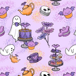 May include: A purple and white seamless pattern featuring ghosts, bats, cupcakes, teacups, and cakes. The pattern is on a light purple background with a glittery texture.