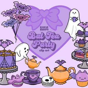 Pastel Goth Halloween Tea Party Clipart Digital Stickers Bakery Gothic Bats Ghosts Kawaii