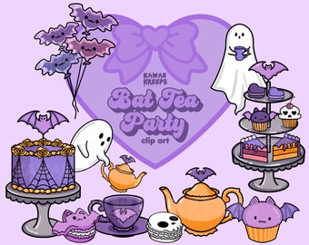 Pastel Goth Halloween Tea Party Clipart Digital Stickers Bakery Gothic Bats Ghosts Kawaii