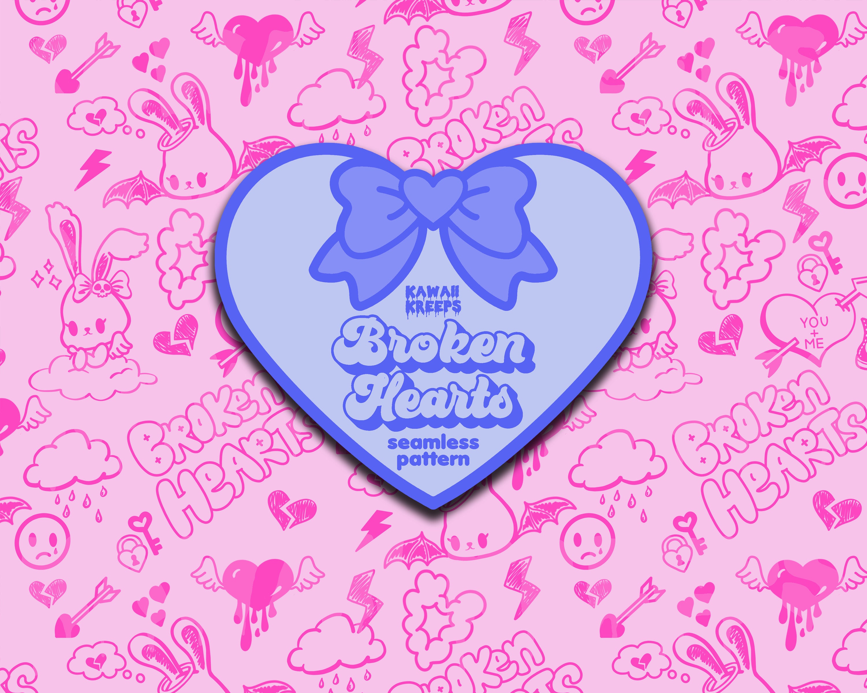 Pastel Goth Doodle Digital Seamless Pattern Graffiti Emo Bunny Soft Goth Alt Aesthetic Grunge