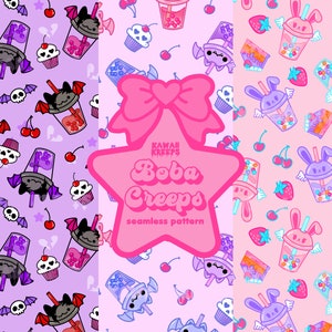Naadloze patroon emo Boba vleermuis konijn: pastel goth kawaii (digitaal)