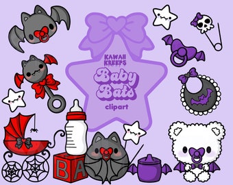 Clipart pastel Goth-babyvleermuis: kawaii kinderkamer, png (digitale download)