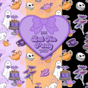 May include: A seamless pattern featuring a cute bat tea party theme. The pattern includes bats, teacups, teapots, cupcakes, and a cake. The background is a light purple, orange, and black colour. The text "Kawaii Kreeps Bat Tea Party seamless pattern" is in the centre of the image.