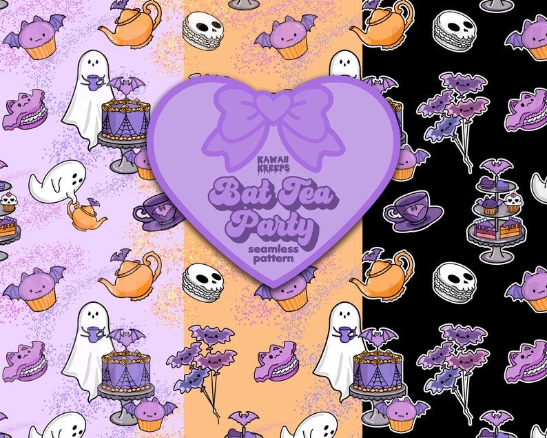 May include: A seamless pattern featuring a cute bat tea party theme. The pattern includes bats, teacups, teapots, cupcakes, and a cake. The background is a light purple, orange, and black colour. The text "Kawaii Kreeps Bat Tea Party seamless pattern" is in the centre of the image.