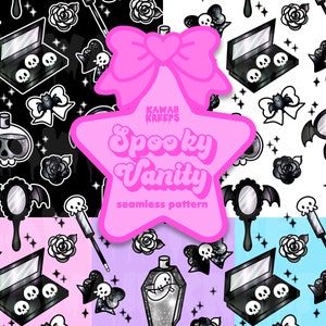 Pastel Goth Makeup Cosmetics Vanity Seamless Pattern Halloween Gothic Black White Commercial License