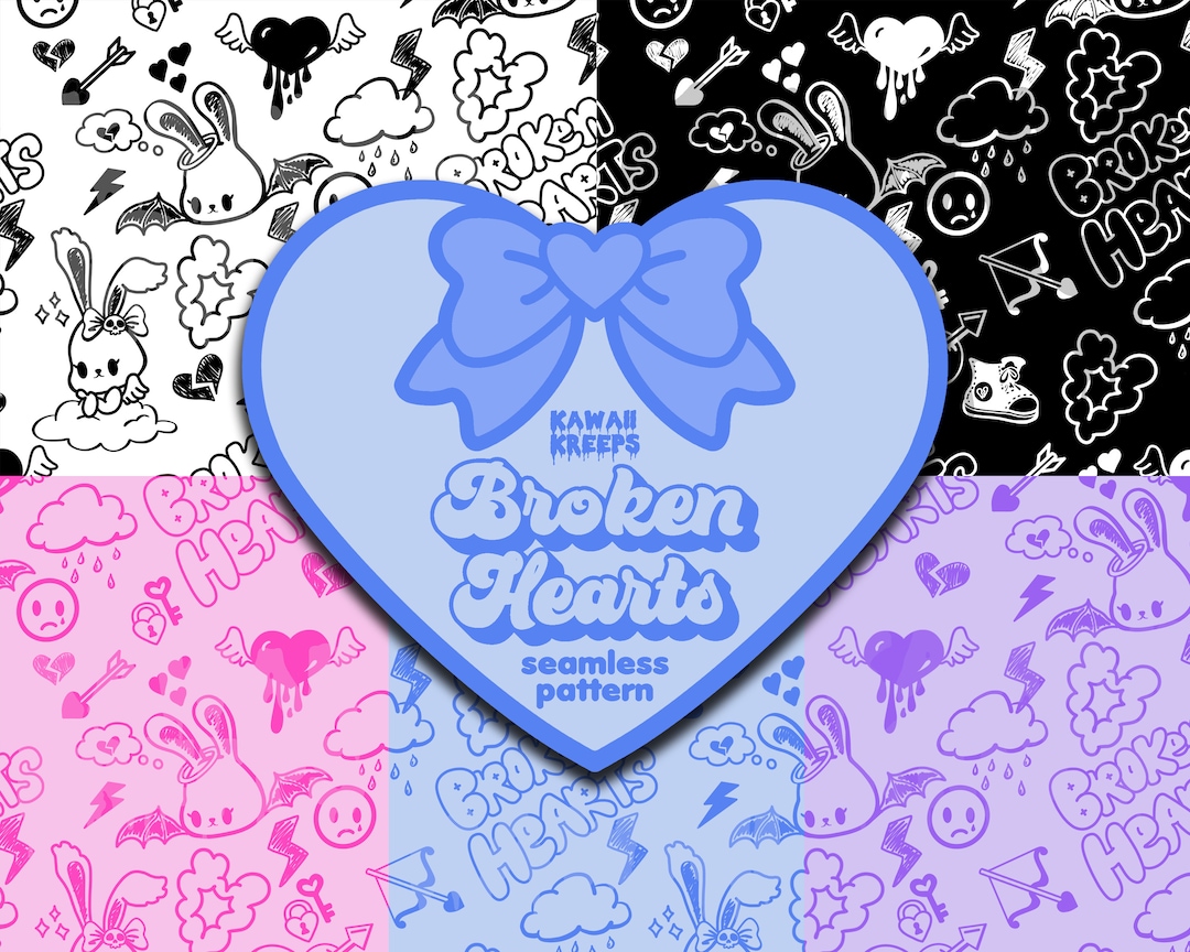 Pastel Goth Doodle Digital Seamless Pattern Graffiti Emo Bunny Soft Goth Alt Aesthetic Grunge