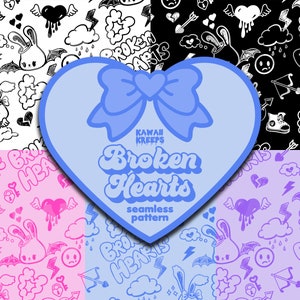 Puede incluir: Un diseño de patrón sin costuras que presenta un corazón azul con un lazo y el texto "Kawaii Kreeps Broken Hearts seamless pattern". El patrón está rodeado por cuatro fondos de colores diferentes con varias ilustraciones de corazones rotos, nubes, rayos, conejos y otros garabatos lindos.