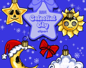 Adornos celestiales godos de Navidad caprichosos, clipart, pegatinas digitales, licencia comercial, dibujos hechos a mano