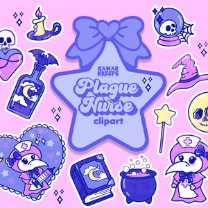 May include: A set of 10 digital clipart images featuring a kawaii plague doctor theme. The images include a plague doctor, a potion bottle, a cauldron, a witch's hat, a crescent moon, a crystal ball, a candle, a heart, a book, and a star. The images are in a pastel color palette with purple, pink, and blue colors.