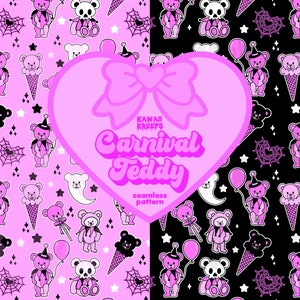 Clowncore Pastel Goth Carnival Teddy Bear Seamless Pattern Digital Paper With Commercial License