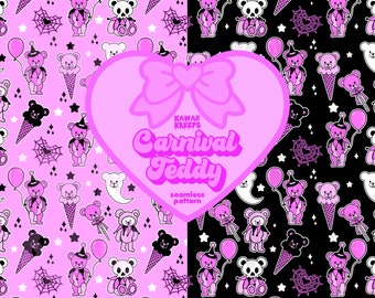 Clowncore Pastel Goth Carnival Teddy Bear Seamless Pattern Digital Paper With Commercial License