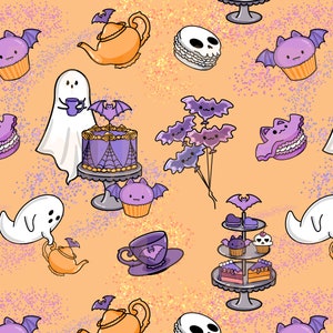 May include: A seamless pattern featuring a whimsical Halloween tea party with ghosts, bats, cupcakes, and a cake with a spiderweb design. The background is a light orange with purple glitter.