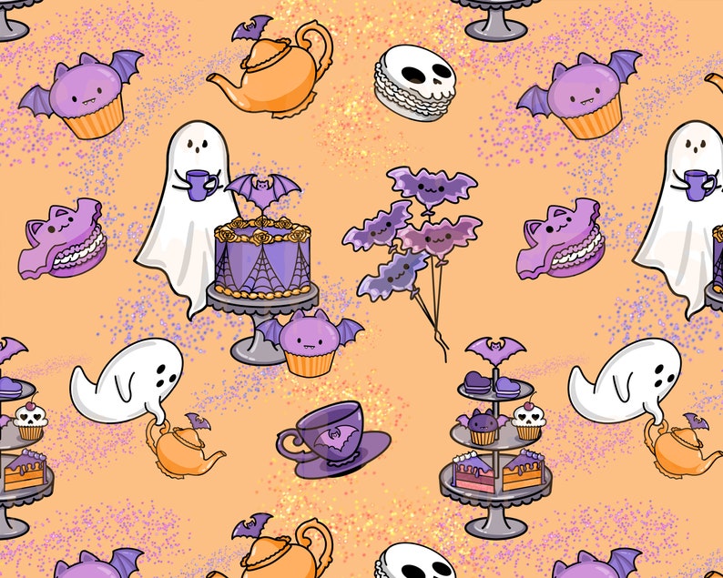 May include: A seamless pattern featuring a whimsical Halloween tea party with ghosts, bats, cupcakes, and a cake with a spiderweb design. The background is a light orange with purple glitter.