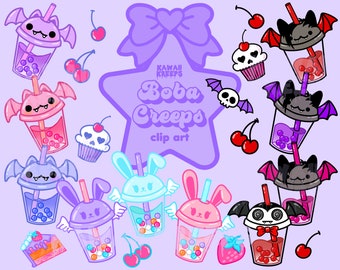 Emo Boba Bat Bubble Tea Angel Emo Bunny Pastel Goth Kawaii Clipart Digital Stickers Cherry Skull Cupcake