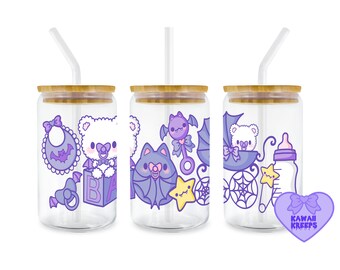 Pastel Goth Baby Shower Baby Bat 16 oz Libbey Glass Can Tumbler Sublimation Design UV DTF Design Digital Download PNG Gothic Kawaii
