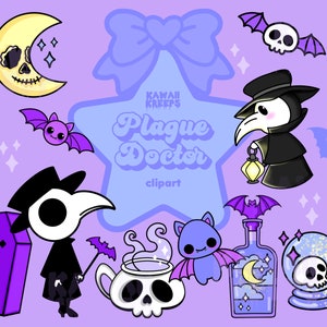 May include: Kawaii Kreeps Plague Doctor clipart featuring a cute cartoon plague doctor with a long beak, a black hat, and a lantern. Other elements include a crescent moon, bats, a coffin, a potion bottle, a skull, and a crystal ball.