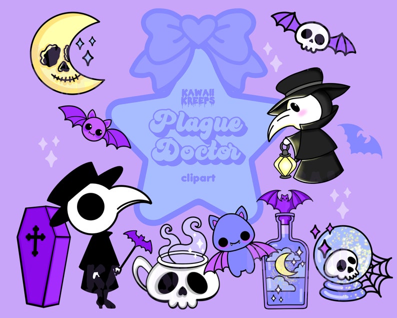 May include: Kawaii Kreeps Plague Doctor clipart featuring a cute cartoon plague doctor with a long beak, a black hat, and a lantern. Other elements include a crescent moon, bats, a coffin, a potion bottle, a skull, and a crystal ball.