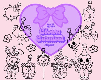 Clowncore Clipart: Pastel Goth Carnival, Teddy Bear Clowns (Commercial License) (PNG Digital Download)