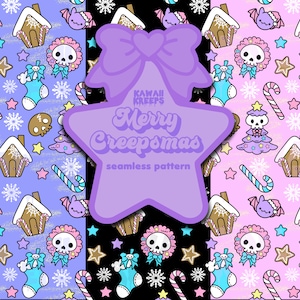 May include: A purple star with the text "Kawaii Creeps Merry Creepmas seamless pattern" on a black background. The star is surrounded by three different Christmas patterns: a purple pattern with gingerbread houses, candy canes, and skulls, a pink pattern with gingerbread houses, candy canes, and skulls, and a blue pattern with gingerbread houses, candy canes, and skulls.