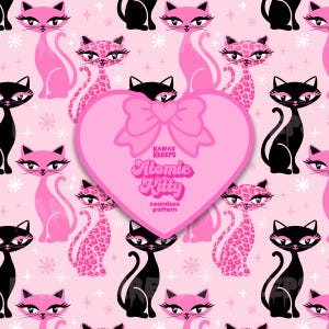 May include: A pink and black seamless pattern featuring cartoon cats with hearts, stars, and snowflakes. The text "Kawaii Kreeps Atomic Kitty seamless pattern" is in the center of the design.