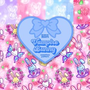 Può includere: Uno schema senza cuciture con uno sfondo rosa con adorabili illustrazioni di conigli vampiri. I conigli indossano fiocchi, tengono palloncini e sono seduti in tazze da tè. Lo schema include anche rose e farfalle. Il testo "Kawaii Keeps Vampire Bunny Seamless Pattern" è visualizzato in uno stendardo a forma di cuore.