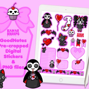 Kawaii Pastel Goth Valentine&#39;s Day Vampires Digital Stickers Goodnotes Planner Stickers Precropped PNG Hand Drawn Art