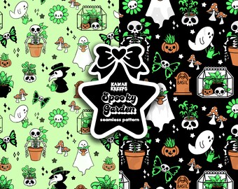 Ghoulish Garden Seamless Pattern: Dark Cottagecore Halloween Digital Paper (PNG)