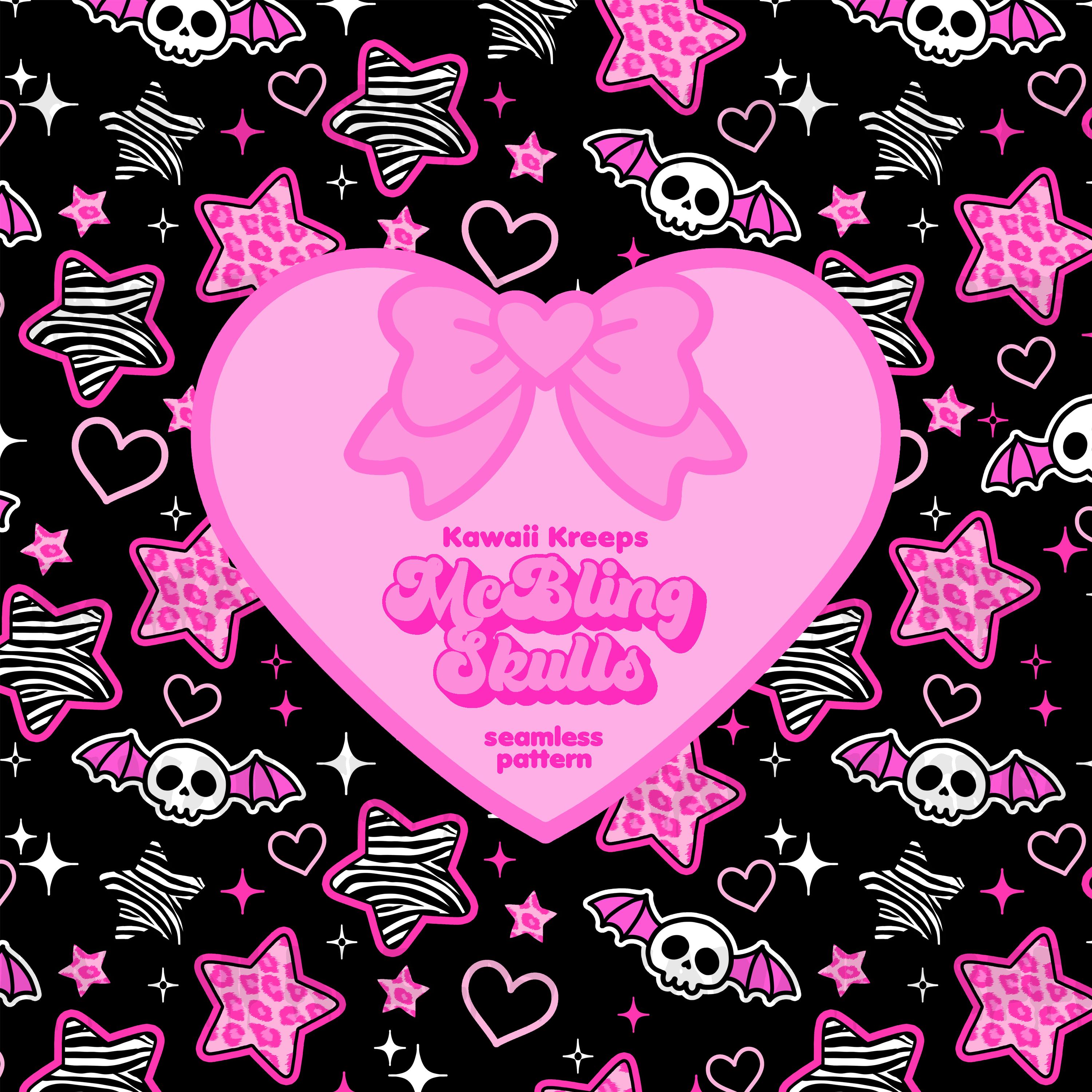 Mcbling Seamless Pattern Skulls Emo Y2K Grunge Goth Scene Kid Pink