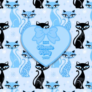 May include: A seamless pattern featuring blue and black cats with different designs. The background is light blue with white snowflakes. The text "Kawaii Keeps Atomic Kitty Seamless Pattern" is in the centre of the image.