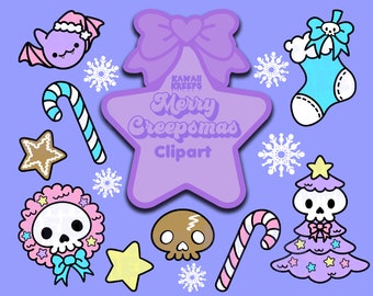 May include: A set of 10 kawaii Christmas clip art images featuring a purple bat with a Santa hat, a candy cane, a gingerbread cookie, a wreath with a skull, a skull with a lightning bolt, a candy cane, a Christmas tree with a skull, a stocking with a skull, a snowflake, and a star.