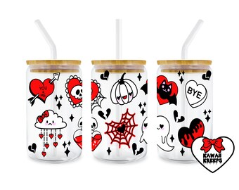 Goth Valentine's Day Glass Can Tumbler: Kawaii Valoween Design (Digital Download)