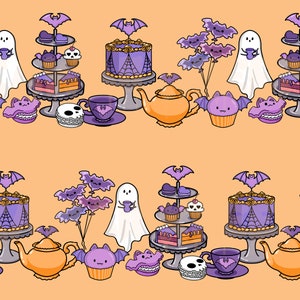 May include: A Halloween-themed tea party with purple and orange decorations. There are two tiers of cupcakes, cakes, and teapots. There are also ghosts and bats.