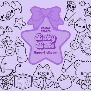 Baby Bat Nursery Digital Lineart Clipart PNG File Pastel Goth Baby Shower Gothic Alt Kawaii Baby Carriage Teddy Bear Star